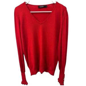 Lauren Ralph Lauren Red V-Neck Sweater Ruffled Cuffs with Gold Buttons sz L